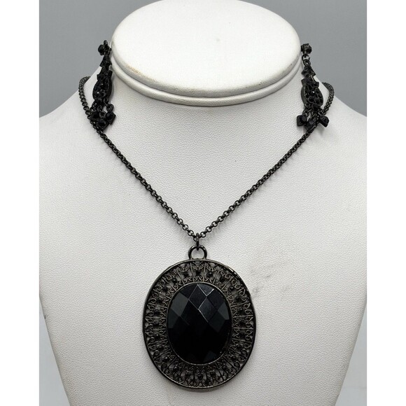 Whimsigoth Black Oval Pendant Necklace & Earrings Romantic Victorian Inspired - Picture 2 of 10